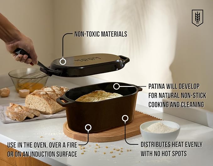 KooK Dutch Oven with Lid, Enameled Cast Iron Bread Baker, Dual Handles, 3.4 Qt, Oval, Includes Banneton Proofing Basket with Liner, Artisan Sourdough Bread Baking Set