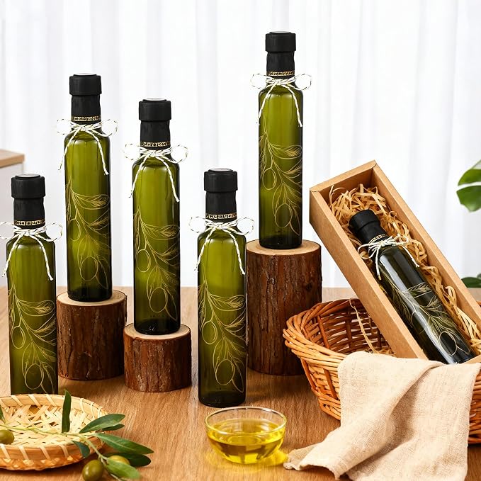 Reallnaive 12 Sets 8 oz Glass Olive Oil Bottles Empty Sauce Condiment Bottles with Tags and Twine and Funnel for Storing Homemade Oil Christmas Wedding Baby Shower Gifts(Olive Leaf, Dark Green)
