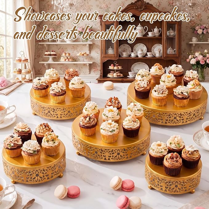 Wenqik 5 Pcs Metal Gold Cake Stand 16/14/12/10/8 Inch Round Cake Holder Display for Dessert Table Cookies Fruit Serving Tray Cupcake Pastry Riser for Wedding Birthday Party and Events