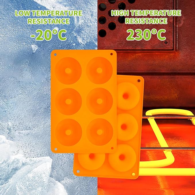 2er Pack Silicone Donut Mold - Non-Stick Silicone Doughnut Pan DIY Chocolate Baking Cookie Molds, Heat Resistant, Make Donut Cake Biscuit Bagels, BPA Free Dishwasher Safe (orange, 6 Cavities)