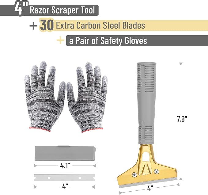 Bates- Razor Blade Scraper Tool, 4 Inch, Floor Razor Scraper Tool with 30 Extra Carbon Steel Blades and a Pair of Safety Gloves