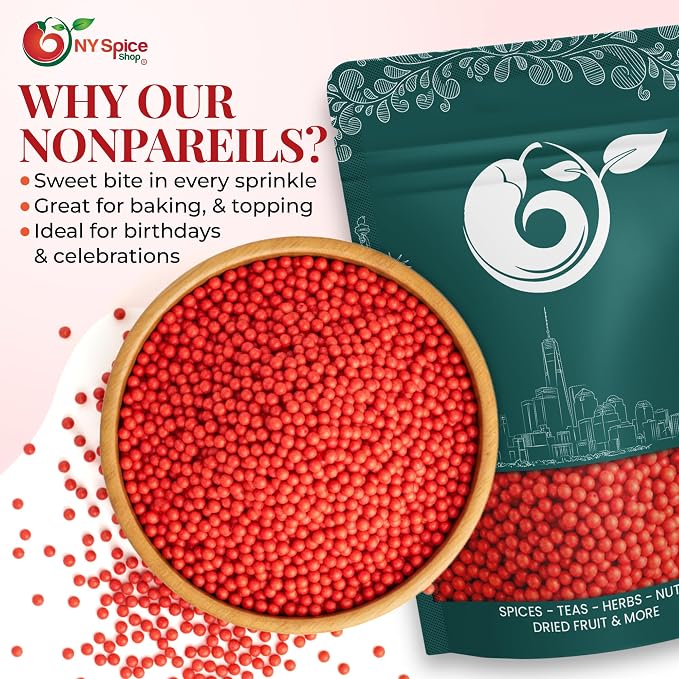 NY Spice Shop Red Nonpareils - 5 Pound Decorative Sugar Beads for Sweet Treat and Ice Cream Topping - Edible Candy Pearls for Baking, Desserts, Smoothies, Party Snacks and Gifts Bags