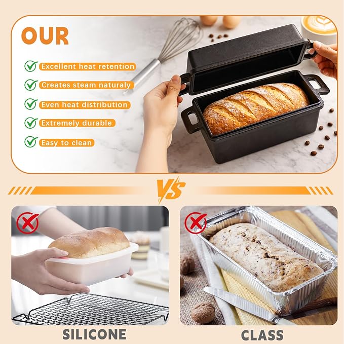 9×5 Inch Cast Iron Loaf Pans with Lids Even Heat Distribution for Baking Bread, 2 Pack Non-Stick Bread Pans for Homemade Sandwich and Sourdough Bread