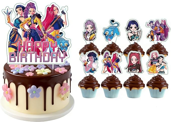 25 Pcs Demon Movie Hunters Cake Decorations, Include 1 Happy Birthday Cake Toppers, 24 cupcake Topper for Demon Movie Hunters Birthday Decorations