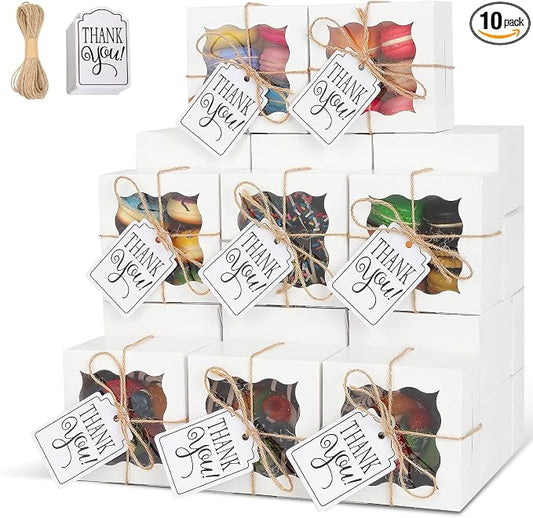 KPOSIYA 10 Pcs Bakery Boxes with Window - Individual Cupcake Boxes 4x4x2.5 Inches - Kraft Paper White Gift Box for Pastries, Cookies, Pie, Donuts, Macaroon
