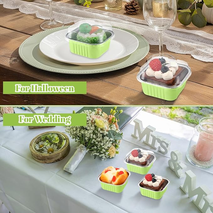 200 Pack 5 oz Mini Cake Pans with Lid, Aluminum Foil Mini Baking Tins, Square Disposable Cupcake Baking Cup Dessert Container for Wedding Birthday Party Picnic(Green,Classic)