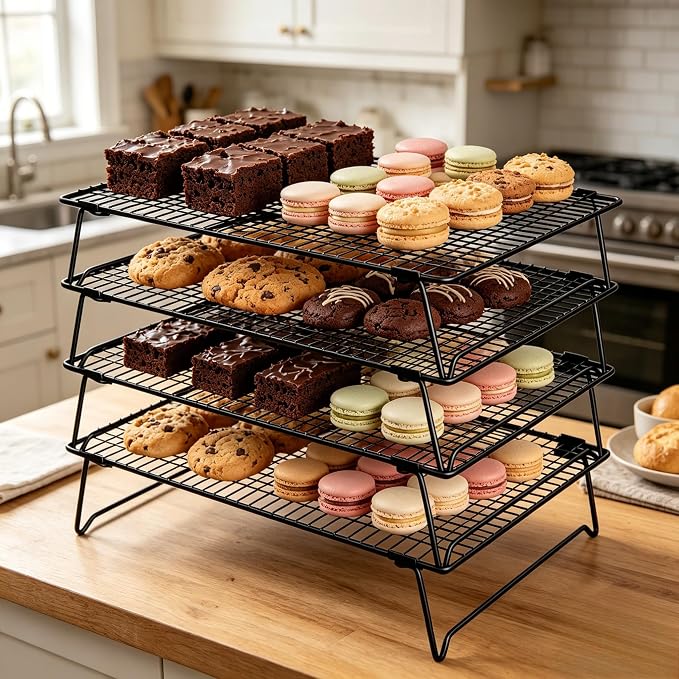 4 Tier Cooling Rack for Baking 16" x 10" Stackable Cookie Cooling Wire Rack for Cookies Pizza Cake Roasting Cooking, Oven and Dishwasher Safe Baking Supplies, Black