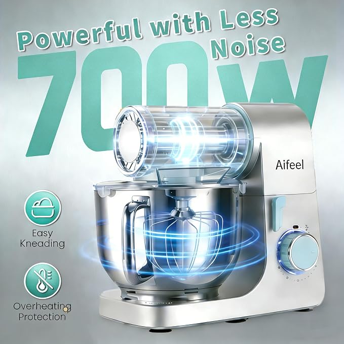 Stand Mixer,6.5QT Tilt-Head Electric Stand Mixer,700W DC Motor with Low Noise,Kitchen Mixer with Dough Hook,Beater,Whisk,Dishwasher-Safe Attachments for Baking(Green/Silver)