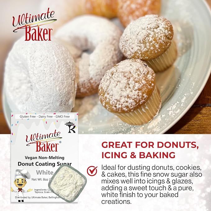 Ultimate Baker Vegan Non-Melting White Donut Sugar - All Natural Snow Sugar for Dusting Donuts, Icing & Baking with a Smooth White Coating for Decorating, Frosting & Finishing (8oz)