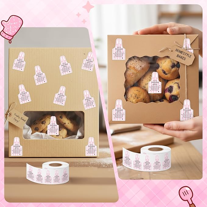 PANTIDE 500 Count Cottage Food Law Labels Sticker Pink Apron Shaped | Homemade with Love, Waterproof Adhesive Decal Roll, Made in A Home Kitchen Inspection Statement, Food Packaging, 2 x 1.2 Inch