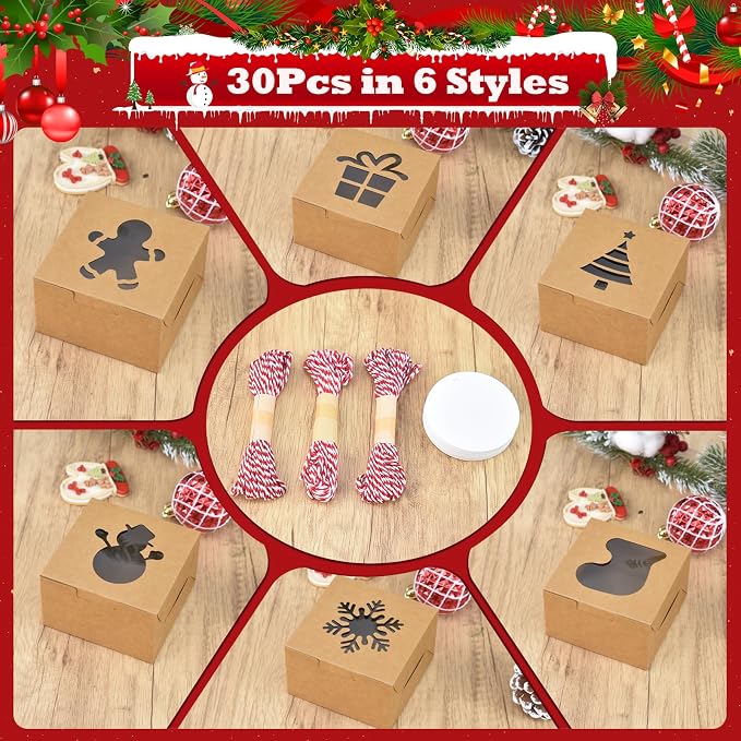 COTOPHER 30Pcs Christmas Cookie Boxes with Window, 4x4x2.5 inch Brown Bakery Boxes for Gift Giving, Mini Cake Boxes Holiday Pastries Boxes for Cakes Muffins Donuts Chocolate Strawberries