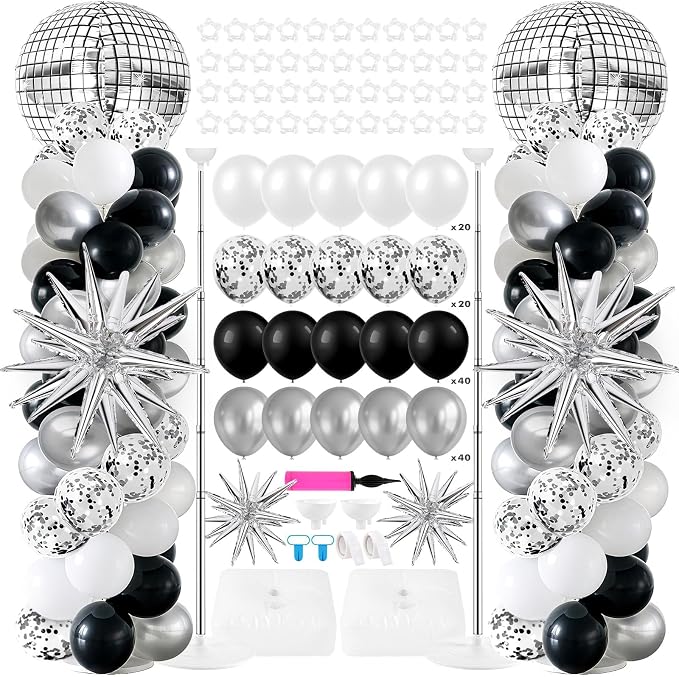 2 Sets Disco Balloon Column Stand Kits Adjustable Black and Silver Balloons Column Kit with Disco Ball Explosion Star 80s Party Themed Tower Stand Kit for Birthday Party Retro Dance Supplies