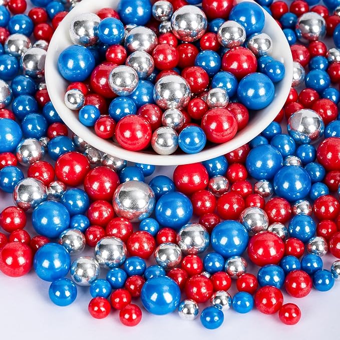 Edible Patriotic Sprinkles,July 4th Blue Red and Silver Pearl Sprinkle Mix for USA Baking Decorations,130g,Edible Sugar Pearls for Captain Cake Decorating,Cookies,Ice Cream,Fondant Cake,Cupcakes,Desserts,Flag Day,Independence Day,4th of July Party Supp...
