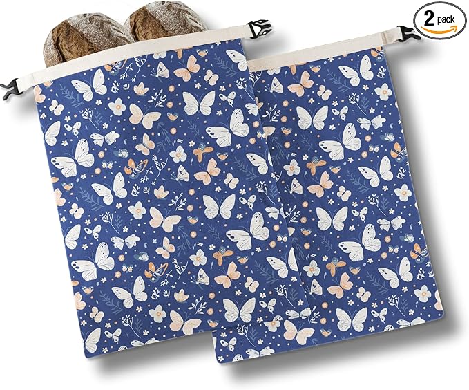 InnoBeta Beeswax Bread Bags for Sourdough & Homemade Bread, 2 Pack Reusable Cotton, 17"x13", Blue Butterfly