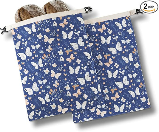 InnoBeta Beeswax Bread Bags for Sourdough & Homemade Bread, 2 Pack Reusable Cotton, 17"x13", Blue Butterfly