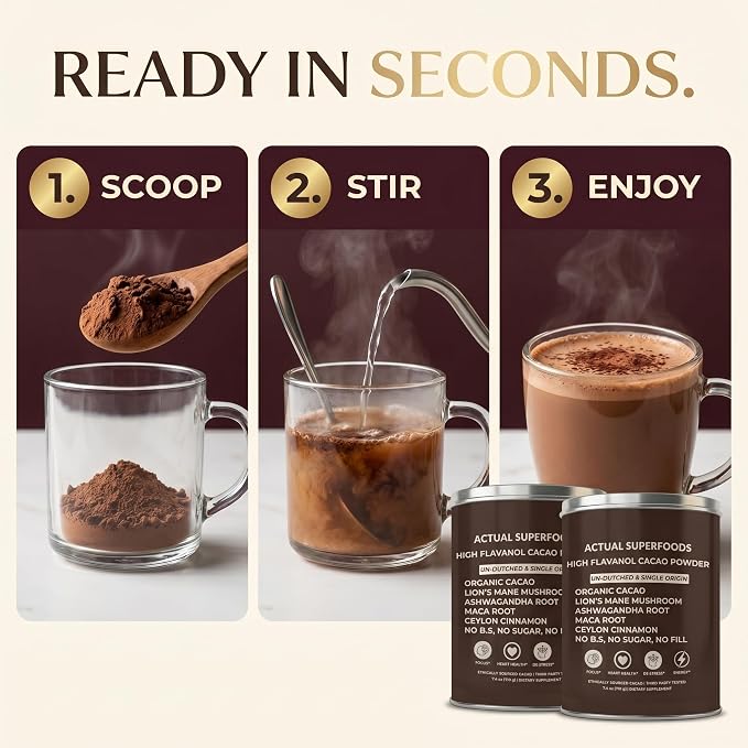 High Flavanol Cacao Powder Blend - Flavanols & Flavanoids - Organic Coffee Alternative with Lions Mane, Ashwagandha, Maca & Ceylon Cinnamon - 7.4 ounces - Morning Focus & Energy Ritual