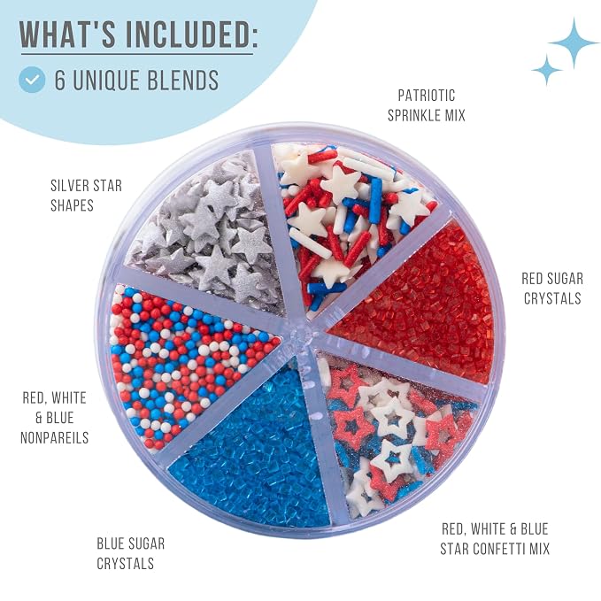 Sweets Indeed 4th of July Sprinkles 6 Cell Jar – Patriotic Nonpareils, Star Sprinkles, Jimmies and Sanding Sugar for Baking & Decorating Cupcakes, Cookies, Cakes & Desserts – 6.07 ounces
