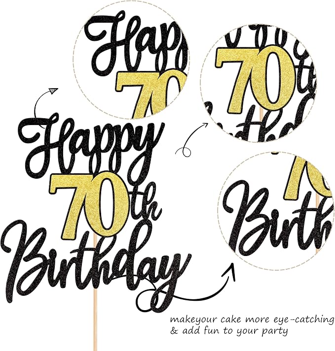 1 PCS Happy 70th Birthday Cake Topper Black Gold Glitter Cheers to 70 Years Birthday Cake Pick 70 Fabulous Cake Decoration for Happy 70th Birthday Anniversary Party Decorations Supplies