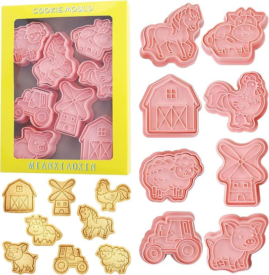 Farm Animal Cookie Cutter with Cookie Stamps 8 Pcs Plastic Farm Animal Theme Fun Cookie Mold for Children Baking (Farm)