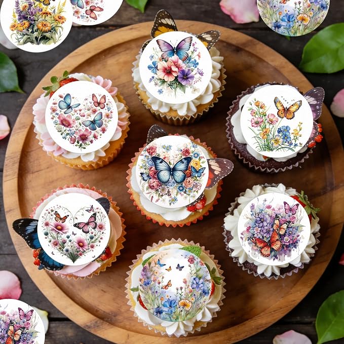 Edible 36PCS Flower Cupcake Toppers Wafer Paper Butterfly Floral Baby Shower Cake Decorations Edible Spring Flower Cupcake Toppers for Floral Theme Birthday Party Decoration