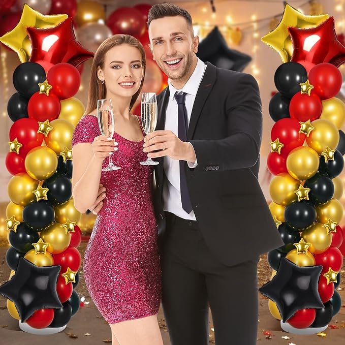 2 Sets Black Gold and Red Balloons Decorations Adjustable Balloon Column Stand Kits with 4 Stars Movie Night Garland Arch Tower Balloons for Wedding Baby Shower Birthday Party Decorations
