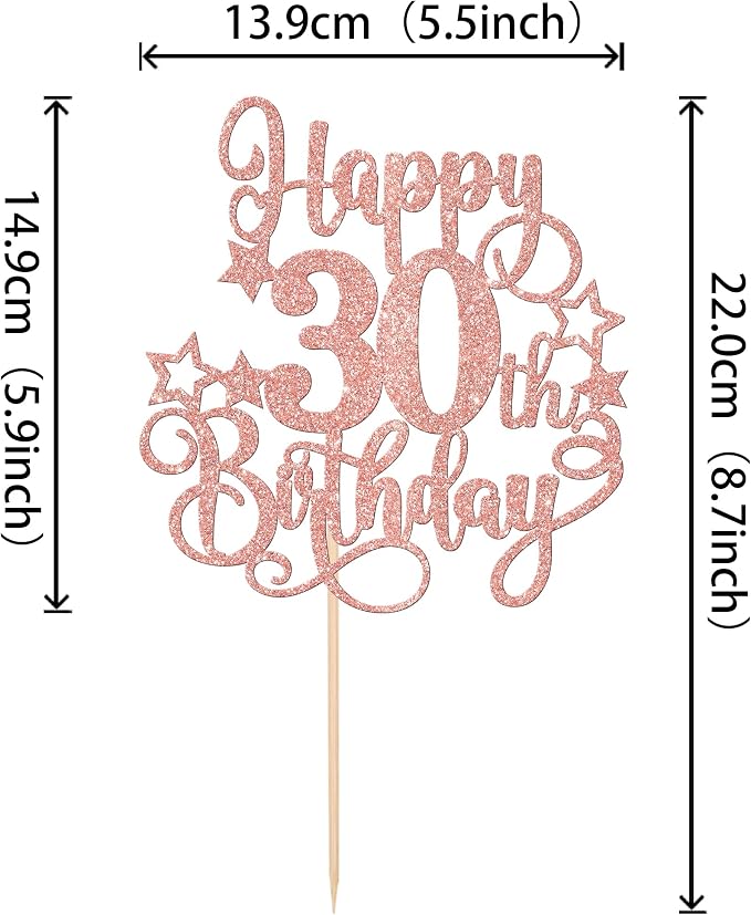1 PCS Happy 30th Birthday Cake Topper Glitter Cheers to 30 Years Birthday Cake Pick Hello 30 Fabulous Cake Decoration for Happy 30th Birthday Anniversary Party Decorations Supplies Rose Gold