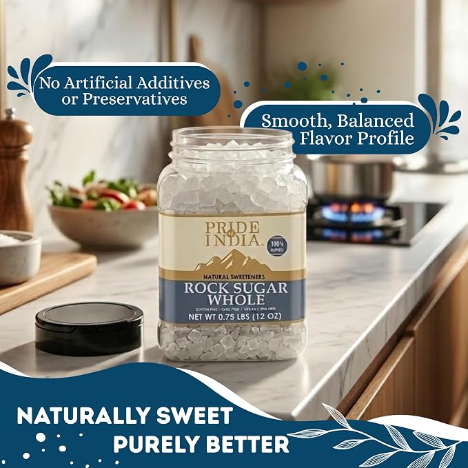 Pride Of India - Natural Crystal Rock Sugar Whole - 12 oz (340 gm) Medium Dual Sifter Jar - Authentic Indian Sugar Crystals - Used to Sweeten Milk or Tea - Offers Best Value for Money