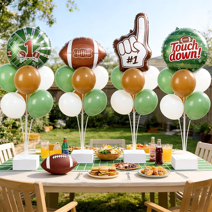 4 Sets Football Party Balloons Stand Kit with Football Shaped Count Touchdown Foil Balloons Party Balloon Centerpiece for Tables for Tailgate Game Day Birthday Sports Event Rugby Themed Decorations