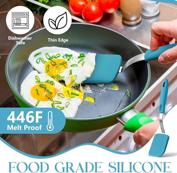 Silicone Cookie Spatula Turner 2 Pack Mini Brownie Spatula Flexible Kitchen Small Silicone Turner for Nonstick Cookware Heat Resistant No Scratch Flipper for Pancake(Solid Flat,Light Blue)