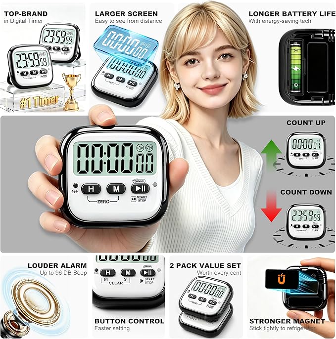 AyayaBoss 2-Pack Magnetic Kitchen Timers for Cooking, Digital Stop Watch Countdown Timer for Kids, Teachers, Classroom, Office, Exercise - Battery Included