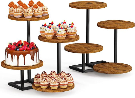 Emfogo 4 Tier Cupcake Tower Stand, Wood Round Dessert Table Display Set, Cup Cake Display Stands for Wedding Birthday Party Afternoon Tea Farmhouse Tiered Tray for Cake Cookie Food (2-Pack)
