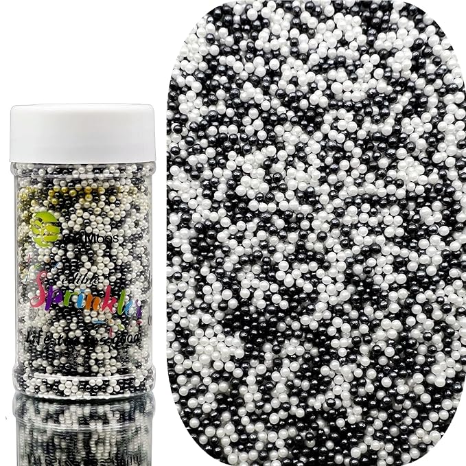 SE Si&Moos Nonpareil Sprinkles, 2mm Black and White Mini Edible Pearls White and Black Sprinkles for Cake Decorating Halloween Cookie Decorations Wedding Baby Shower Party Christmas Holiday Supplies 3.5 OZ