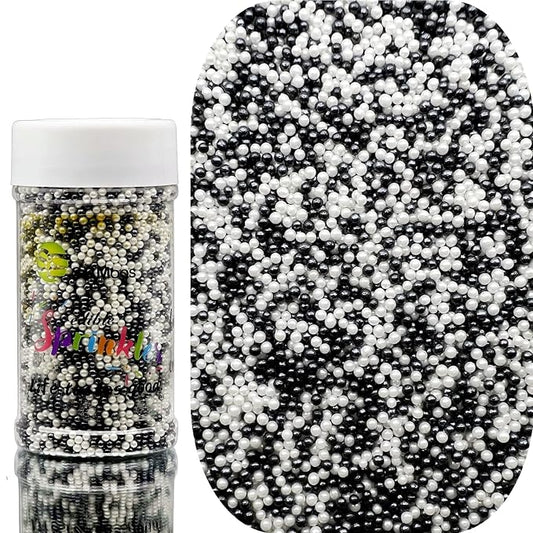 SE Si&Moos Nonpareil Sprinkles, 2mm Black and White Mini Edible Pearls White and Black Sprinkles for Cake Decorating Halloween Cookie Decorations Wedding Baby Shower Party Christmas Holiday Supplies 3.5 OZ