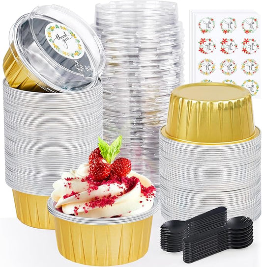 60Pcs Mini Cheesecake Containers, ZOXILEN 5oz 125ml Disposable Aluminum Foil Mini Baking Cups with Lids Spoons, Round Individual Small Cake pans Cupcake liners for Party Gold
