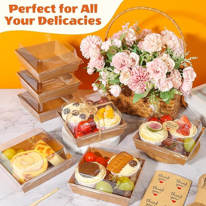 100Pcs Small Charcuterie Boxes with Clear Lids - Paper Mini Charcuterie Boxes To Go, Disposable Food Container with Lid, Dessert Boxes for Sandwich, Cookie, Sushi, Cake Slice, and Strawberries