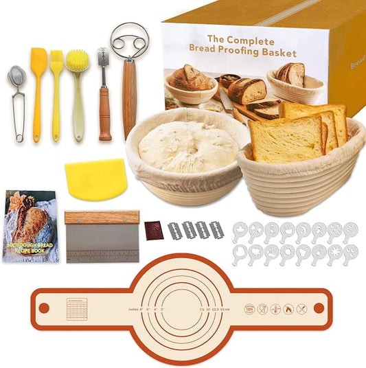 14Pieces Banneton Bread Proofing Basket Set - 10" Oval & 9" Round Sourdough Starter Kit with Lame, Dough Whisk, Scraper, Sling & Baking Tools | Artisan Bread Baking Supplies for Homemade Loaves