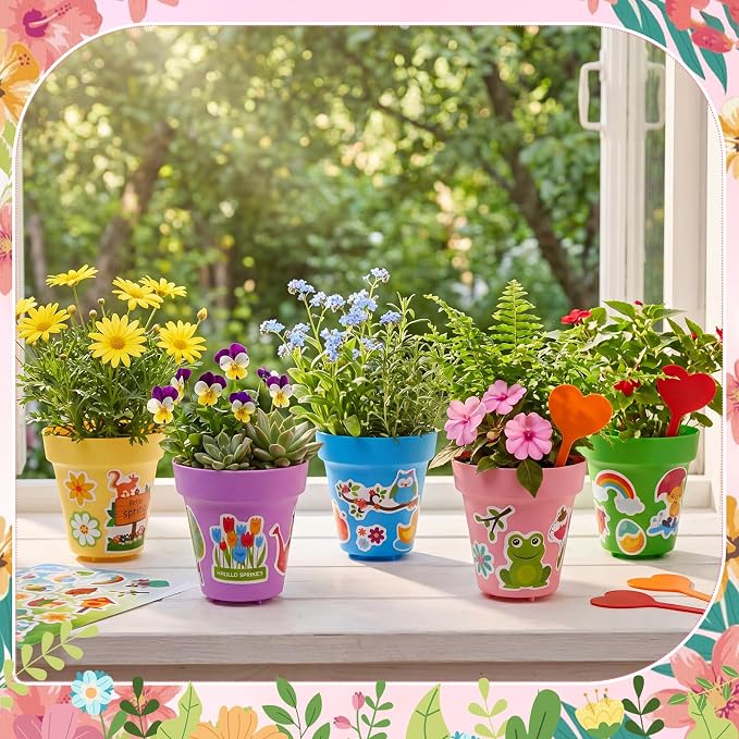 100 Sets Garden Pot Craft Kit, Flower Plant Spring Craft Including Plastic Nursery Plant Pots Labels Tags Stickers for DIY Flower Planting Growing Birthday Arts Kit (Macarons)