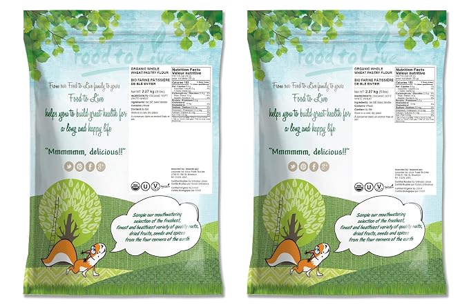 Food to Live - Organic Whole Wheat Pastry Flour, 25 Pounds - Non-GMO, Finely Ground, Unbleached, Unbromated, Vegan, Kosher, All Natural, No Preservatives, Bulk