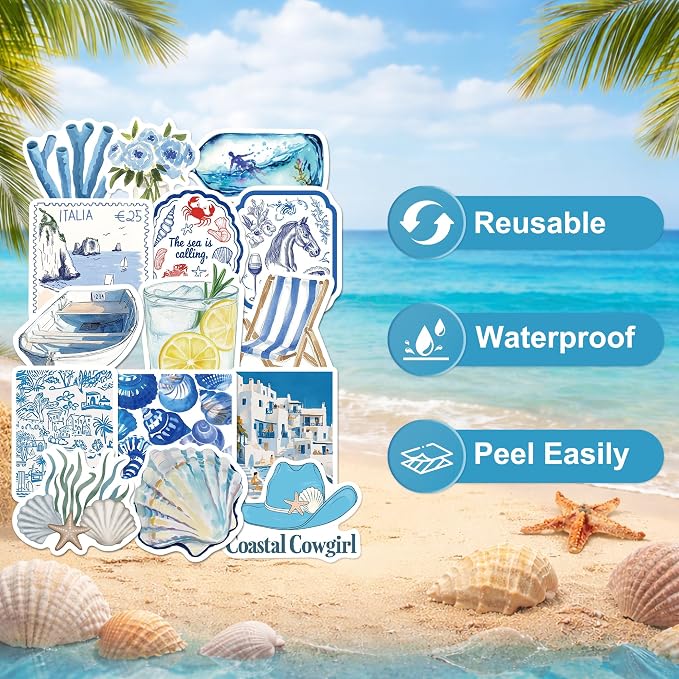 100 Pcs Coastal Blue Stickers for Scrapbooking, Waterproof Vinyl Nautical Ocean Stickers for Laptops Water Bottles Journals, Vintage Coastal Seaside Shell Decals for Adults Teens