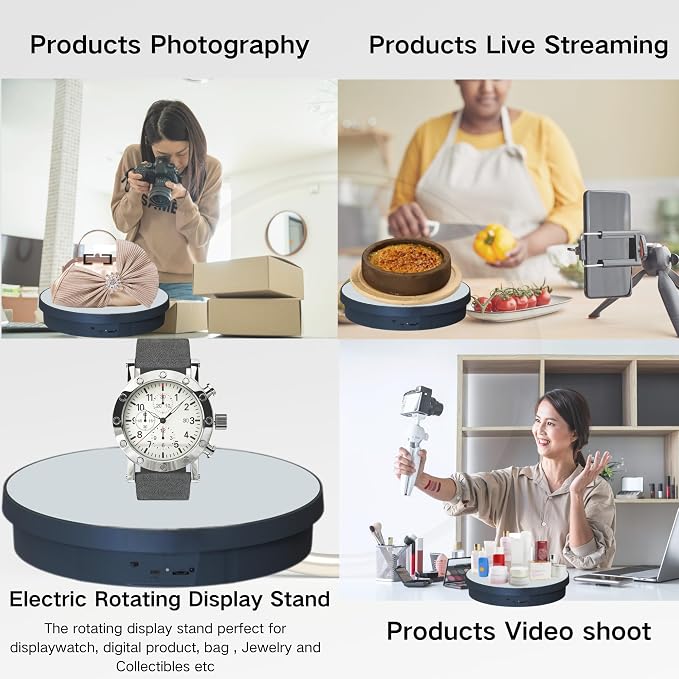 JAYEGT Motorized Rotating Display Stand, 12.6inch /44Lbs Load ,Real Mirror Cover ，360 Degree Electric Rotating Turntable ,Cup Display Turner Stand,Photography Products, Jewelry ,Tumbler -Black