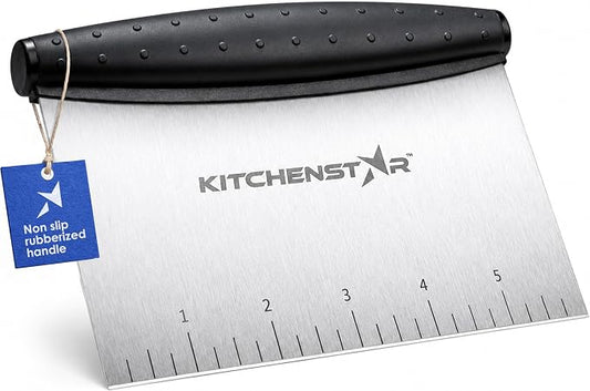 KitchenStar Dough Scraper 6-inch, Stainless Steel Bench Scraper with Measurement Markings & Non-Slip Handle, Pastry Cutter for Bread, Pizza & Vegetables, Dishwasher Safe