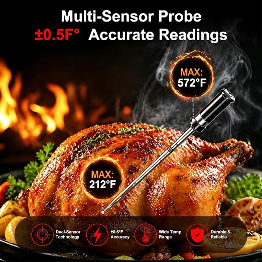 Smart Wireless Meat Thermometer IP67 Ultra-Thin Probe ±0.5℉ Accuracy Bluetooth 230ft Real-Time Monitoring & Smart Alerts with APP Standalone Display Base for BBQ, Oven, Kitchen,Grill,Smoker