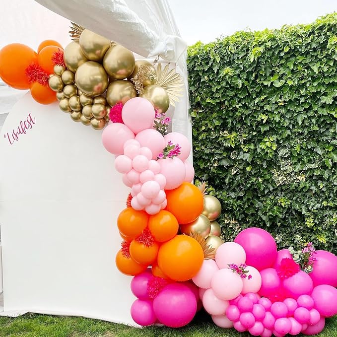 Pink and Orange Balloon Garland Arch Kit, 177Pcs Explosion Star Balloons Hot Pink Orange Metallic Gold and Confetti Balloons for Birthday Wedding Baby Shower Tropical Summer Party Decorations