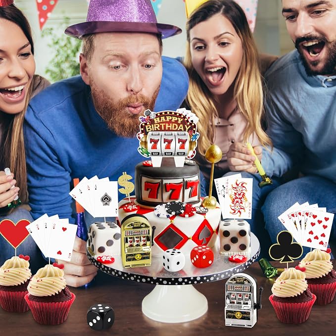 24 Pieces Casino Cake Topper Set with Mini Toy Slot Machine Poker Casino Cupcake Toppers for Casino Game Night Birthday Party Decorations Supplies