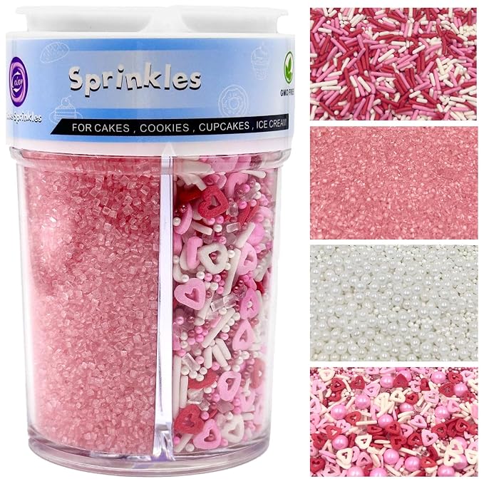 Valentines Sprinkles for Cake Decorating, 7.8oz Pink Heart Jimmies Pearl Sprinkles for Valentines Cookie Baking Cupcake Topping