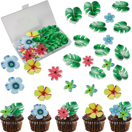 83pcs Edible Tropical Turtle Leaves Flower Cupcake Toppers Wafer Paper Palm Leaf Flower Cake Topper Edible Cake Decoration for Hawaii Aloha Jungle Summer Theme Wedding Birthday Baby Shower