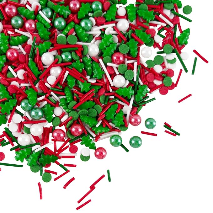 Christmas Sprinkles Red Green White Sprinkle Edible Christmas Tree Sprinkle Holiday Cake Sprinkles Sugar Pearls Jimmies Mix for Cake Baking Cookie Ice Cream Decorations - 8 Oz