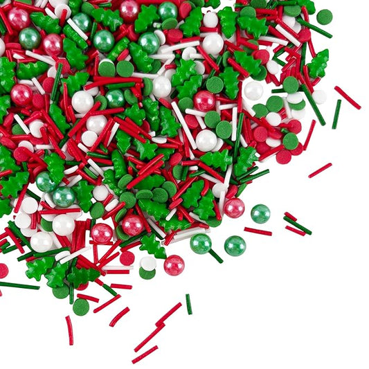 Christmas Sprinkles Red Green White Sprinkle Edible Christmas Tree Sprinkle Holiday Cake Sprinkles Sugar Pearls Jimmies Mix for Cake Baking Cookie Ice Cream Decorations - 8 Oz