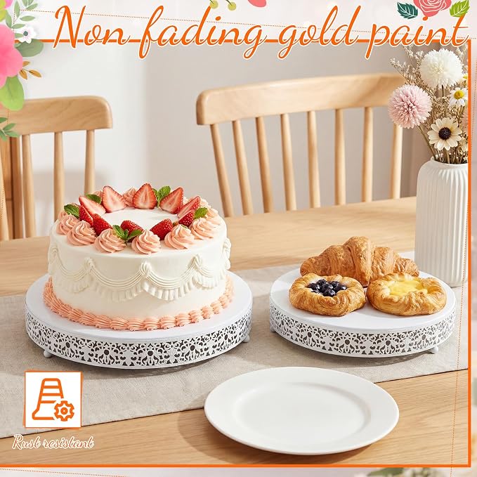 Wenqik 2 Pack Cake Stand Set, 14/16 Inch Metal Round Cupcake Dessert Stand Decorative Elegant Cake Display for Weddings Party Birthday Baby Showers Anniversary(Floral Lace,White)