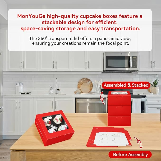 10-Set Cupcake Boxes Bulk with Clear Display Window Hold 4 Standard Cupcakes, Disposable Food Grade Red Cupcake Carrier Cupcake Container, Perfect for Cupcakes Muffins Cookies Pastries